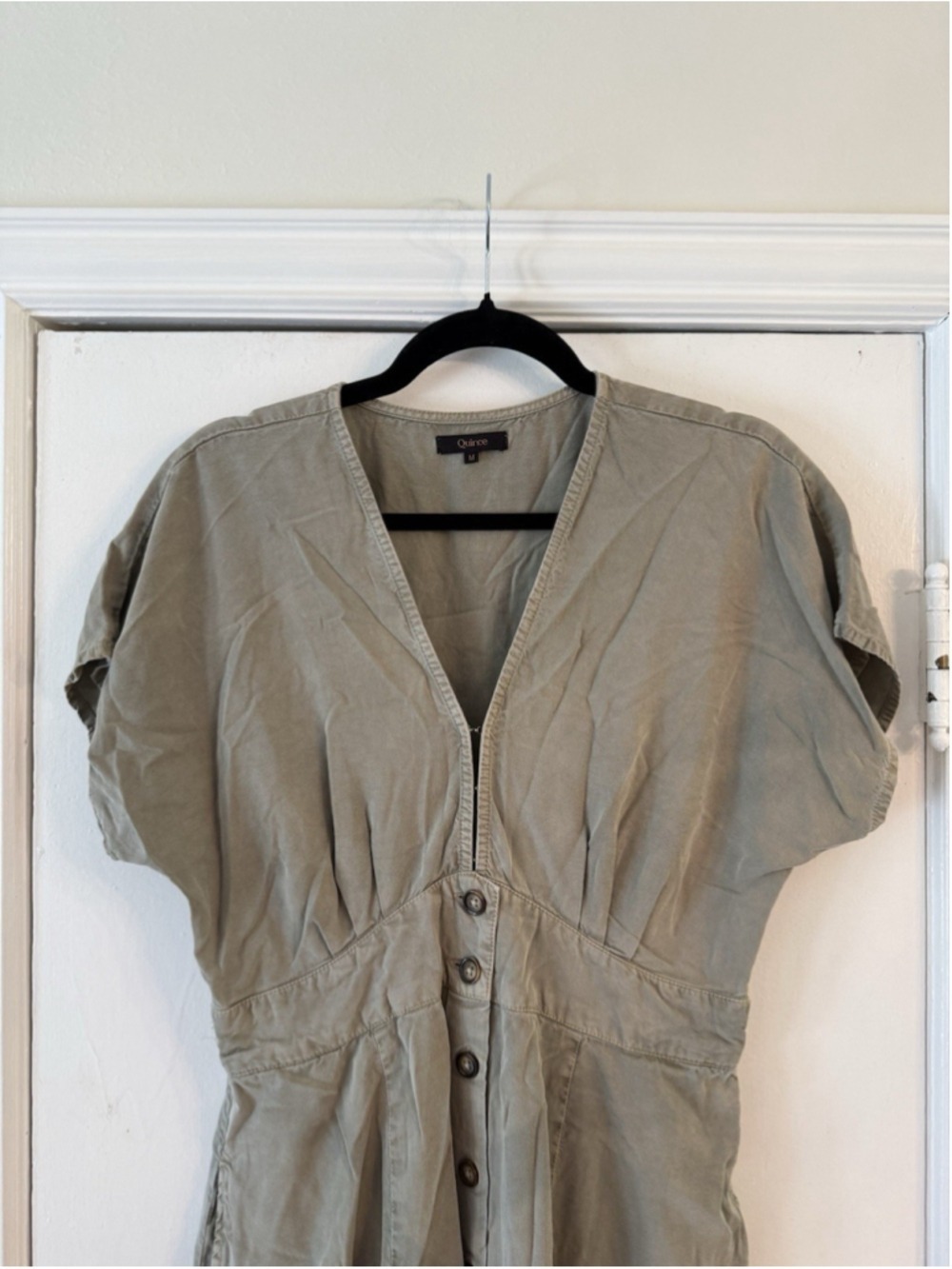 Quince Vintage Wash Button Down Mini Dress M Tencel Olive Green Nature Utility - Picture 11 of 11